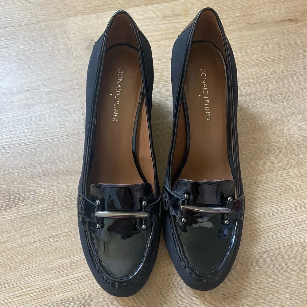 Donald J Pliner Black Patent Leather Slip On Wedge Heel Loafers